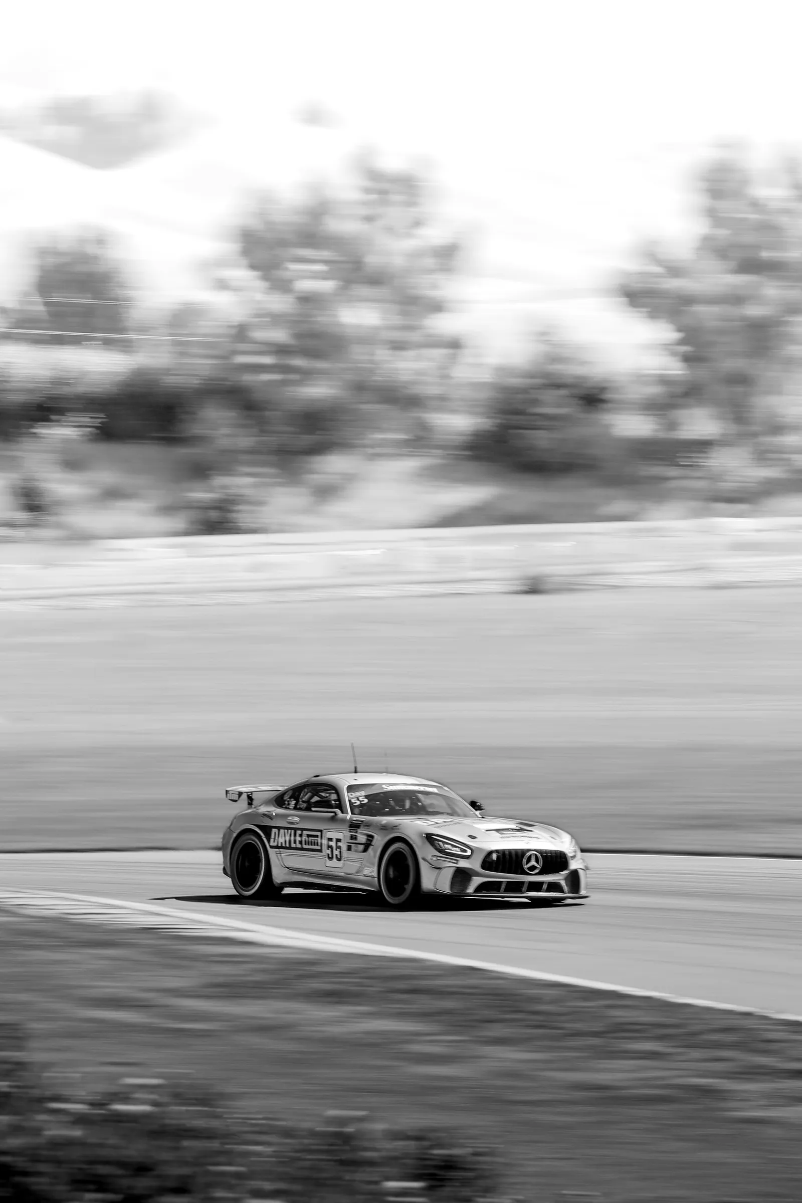 Black and white race car on a circuit